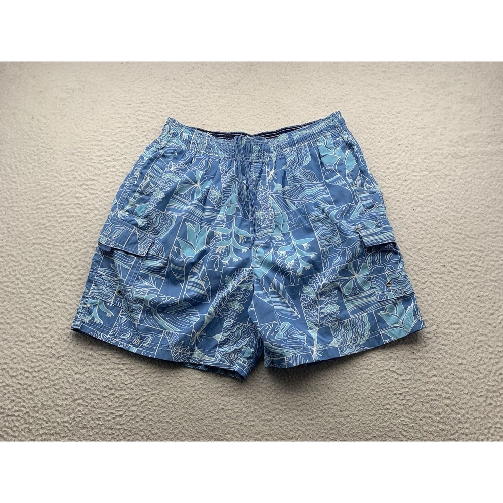 Tori Richard Swim Shorts Mens Medium Blue Hawaiian Tiki Lined Bathing Suit Flaws